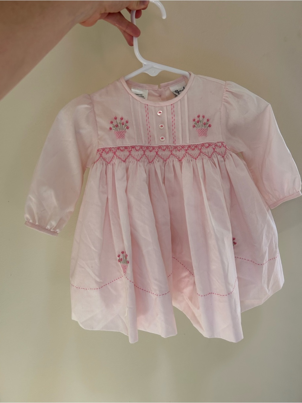 Sarah Louise England Hand-Smocked Pink Baby Girl Dress with Floral Embroidery